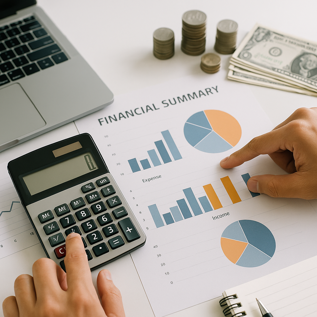 Calculadora e documentos com gráficos contábeis
